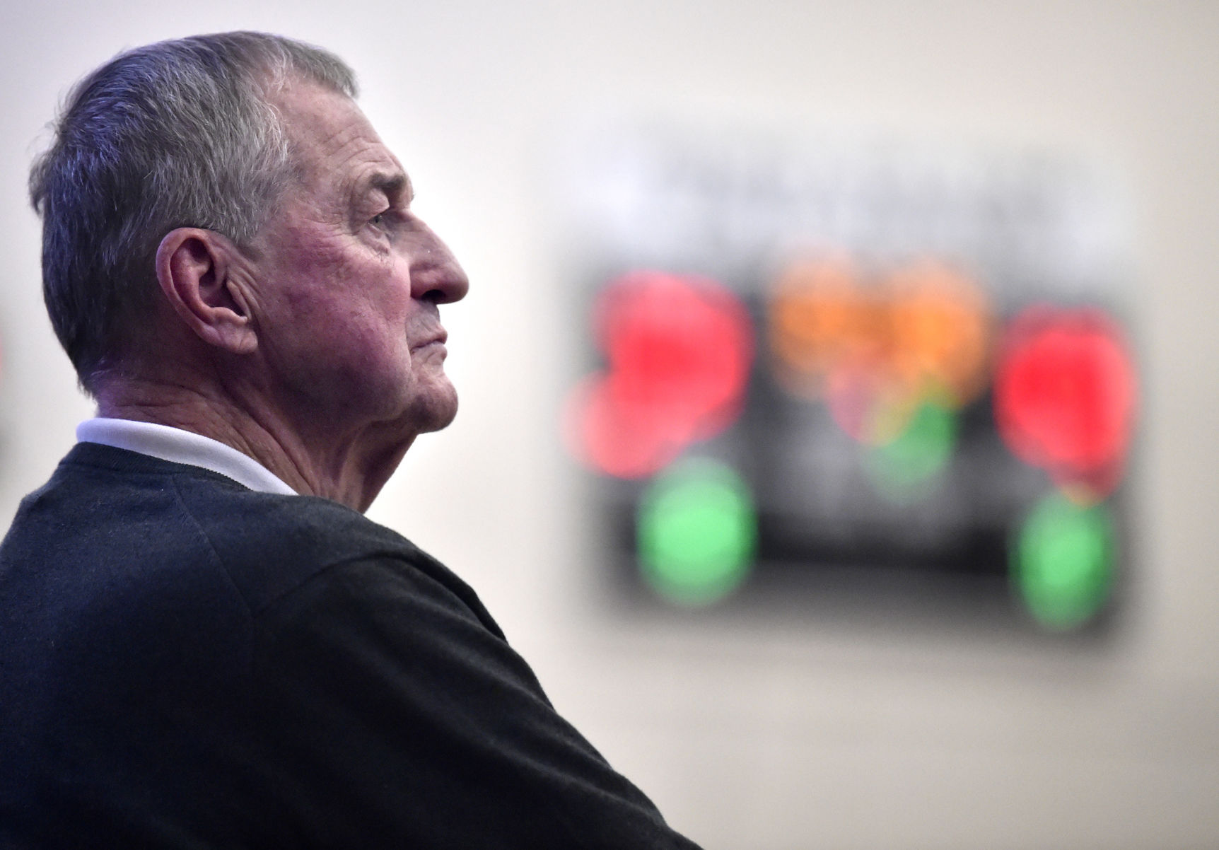 St. Joseph's head coach Jim Calhoun watches his team play against Albertus Magnus in the men's GNAC Championship at Cosgrove Marcus Messer Athletic Center in New Haven Saturday Februrary 23, 2019.